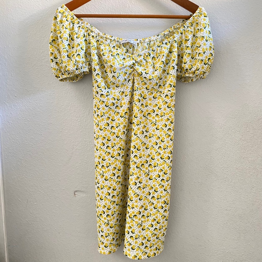 Lemon Polka Dot Puff Sleeve Mini Dress Yellow White Medium